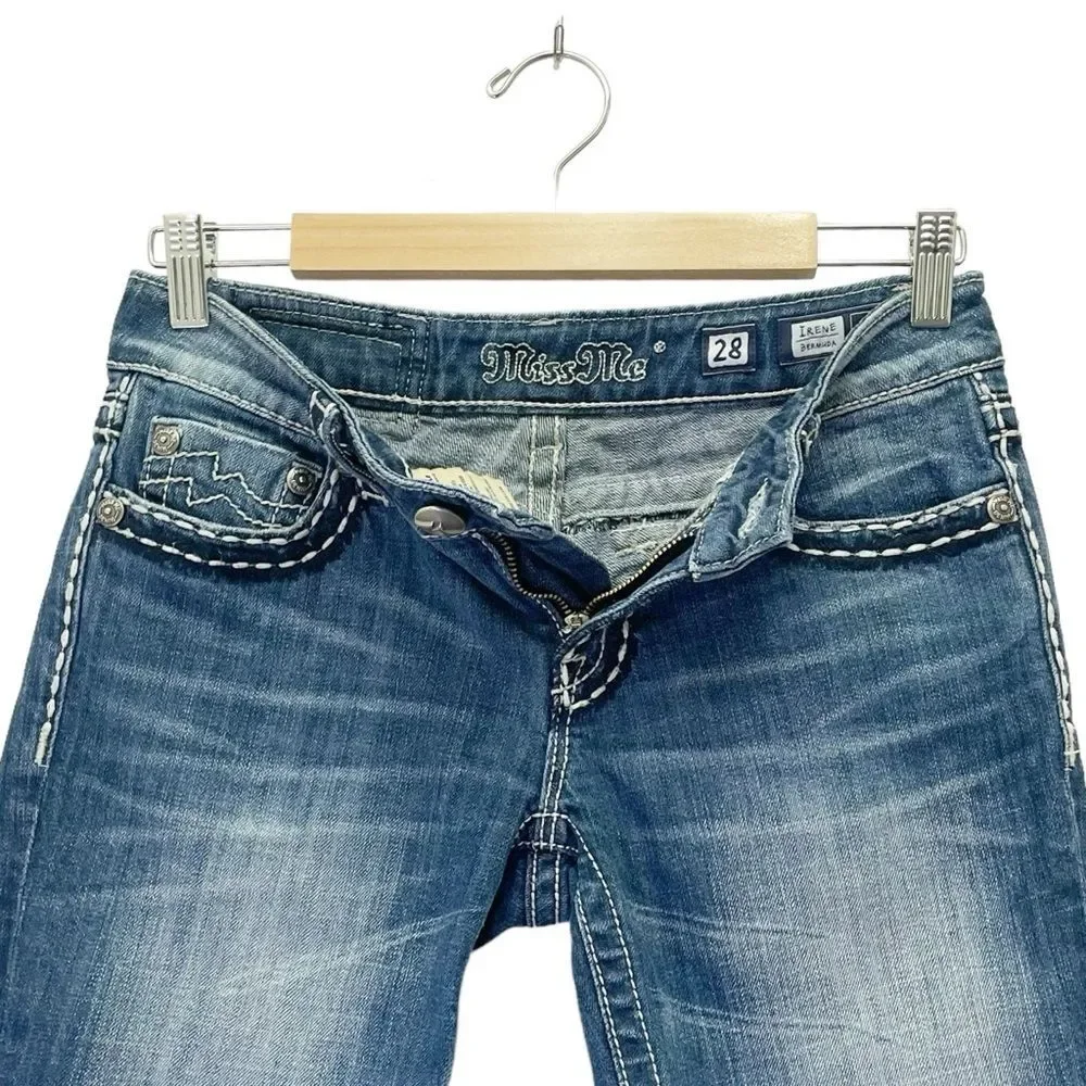 Miss Me Irene Bermuda Shorts Sz 28 Low Rise Back Flap Pocket Y2K Dark Wash Jorts